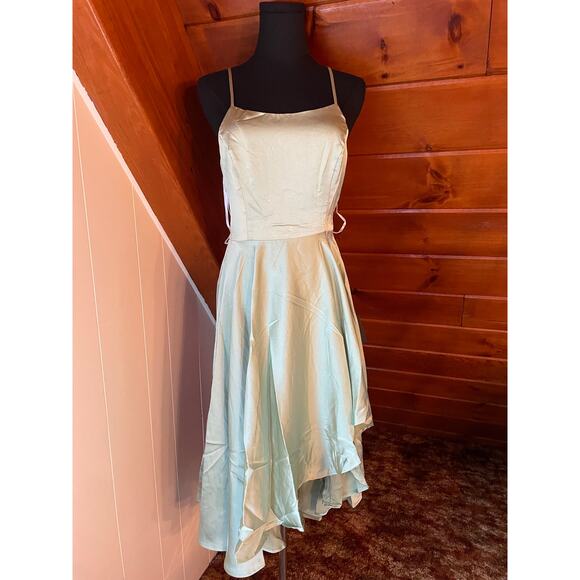 Lulus Days Like Today Sage Satin Asymmetrical Tie-Back Midi Dress NWT Sz S - Picture 4 of 9